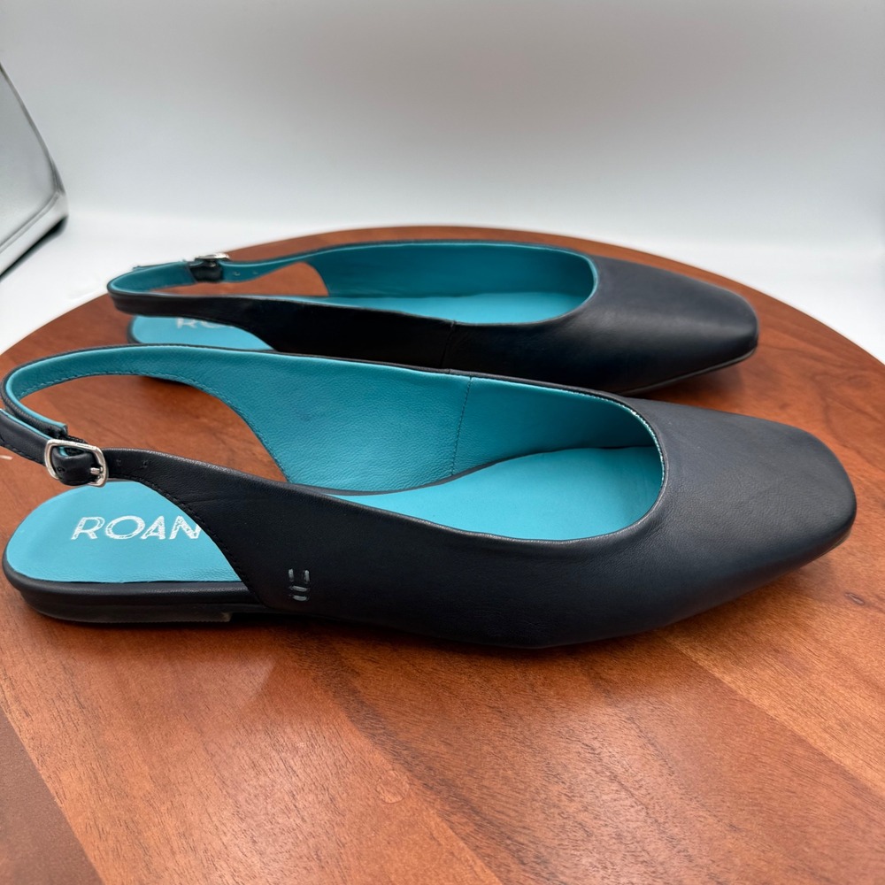 ROAN Woken Black Leather Slingback Square Toe Flats Turquoise Lining Women's 11